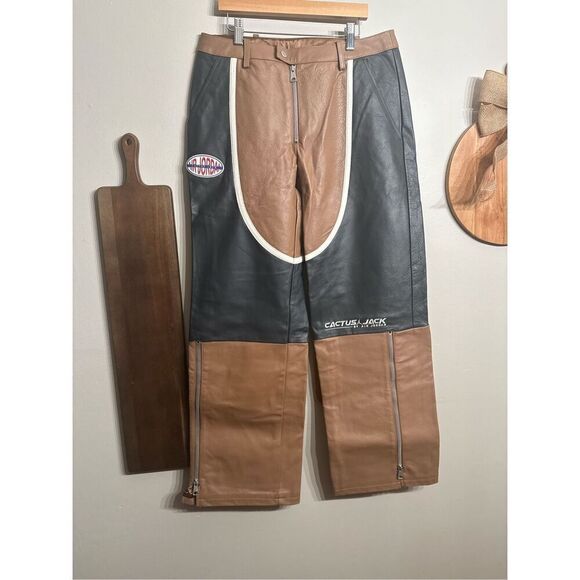 Jordan Travis Scott Brown Black Cow Leather Cactus Jack Moto Pants Size 8 Medium - Picture 1 of 7